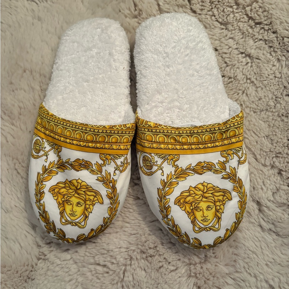 Versace Gold and White Medusa Slippers